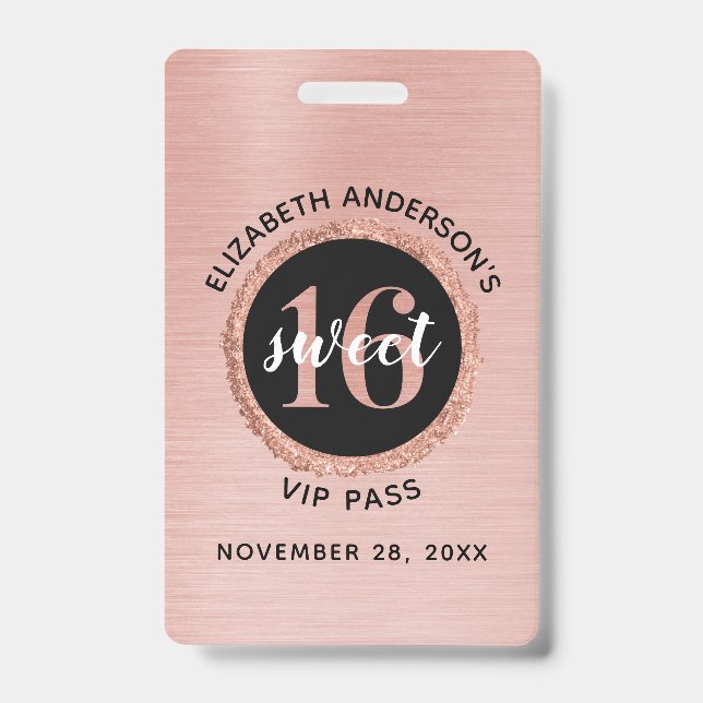 Rose Gold Sweet 16 Birthday VIP Badge (Front)