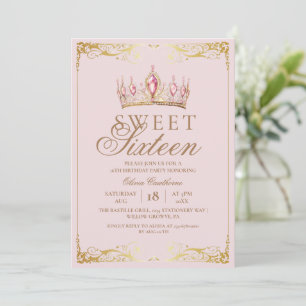  Rose Gold Sweet 16 Crown Birthday  Invitation
