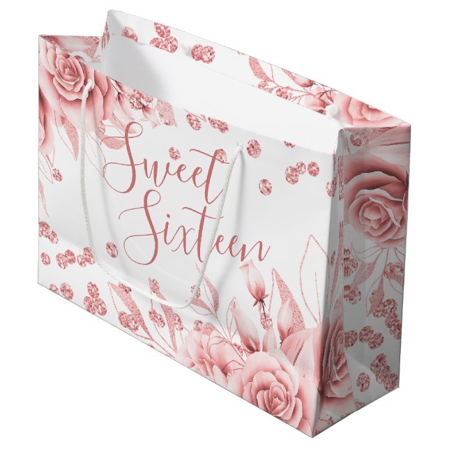 Rose Gold Sweet 16 Glitter Confetti Floral Large Gift Bag (Front Angled)