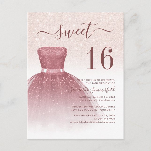Rose Gold Sweet 16 Modern Glitter Drips Script Invitation Postcard (Front)
