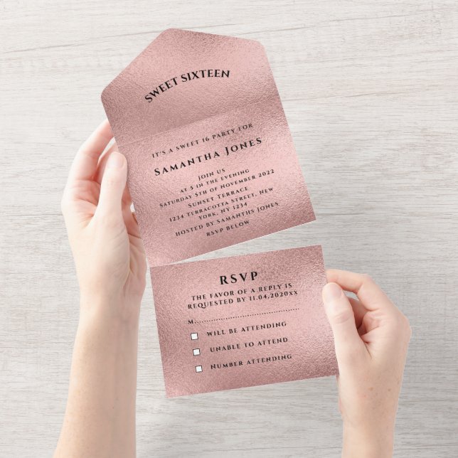 Rose gold Sweet 16 Pretty Sparkly Girly Pink All In One Invitation (Tearaway)