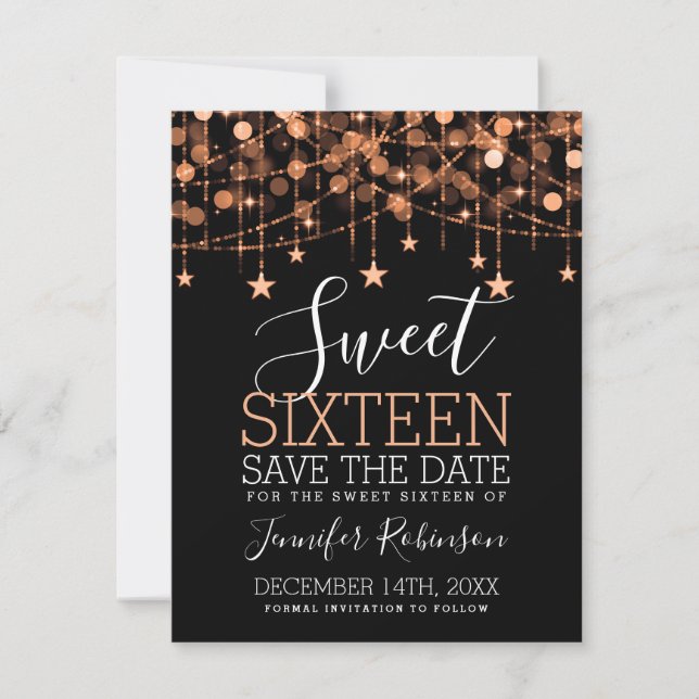 Rose Gold Sweet 16 Sparkly String Lights Save Date Save The Date (Front)