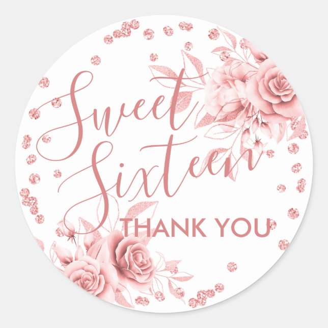 Rose Gold Sweet 16 Thank You Floral Glitter Classic Round Sticker (Front)