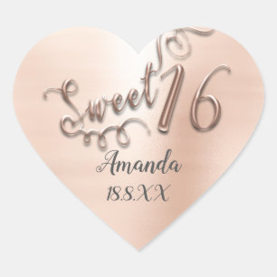 Rose Gold Sweet 16th Blush Heart Name Date Sticker