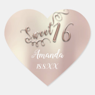 Rose Gold Sweet 16th Princess Heart Name Date Sticker