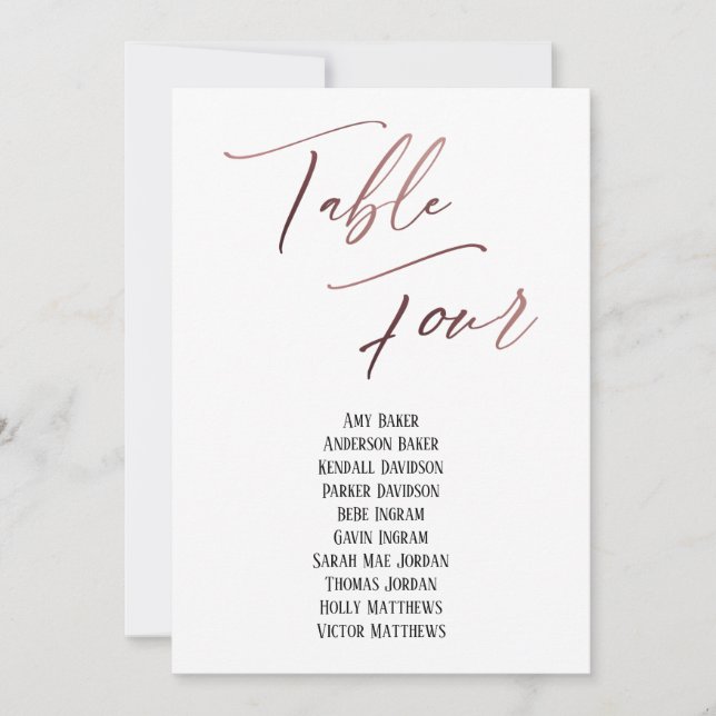 Rose Gold Table Four Seating Chart Card (Front)