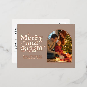 Rose Gold & Taupe Merry and Bright Retro Christmas Foil Holiday Postcard