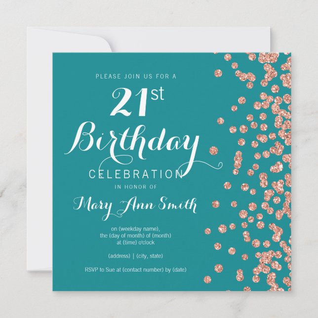 Rose Gold Teal 21st Birthday Glitter Confetti Invitation (Front)