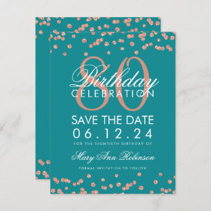 Rose Gold Teal 80th Birthday Save Date Confetti Invitation