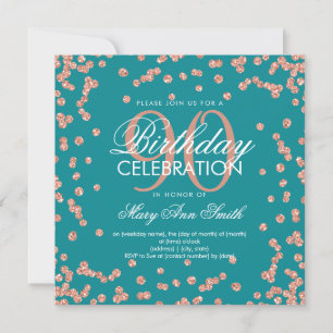 Rose Gold Teal 90th Birthday Glitter Confetti Invitation