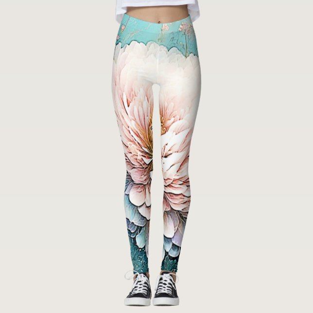 Rose Gold Teal Bloom Art Leggings (Front)