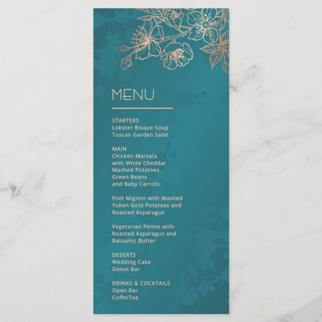 Rose Gold Teal Floral Line Art Wedding Menu (Front)