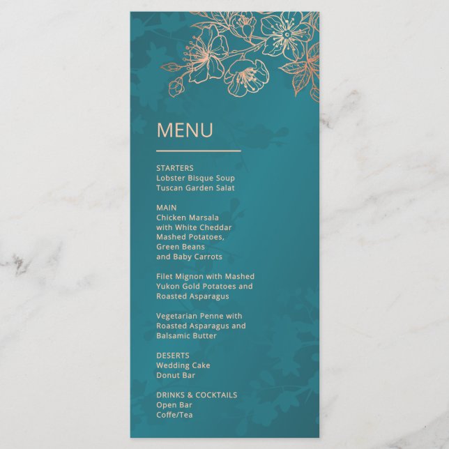 Rose Gold Teal Floral Line Art Wedding Menu (Front)