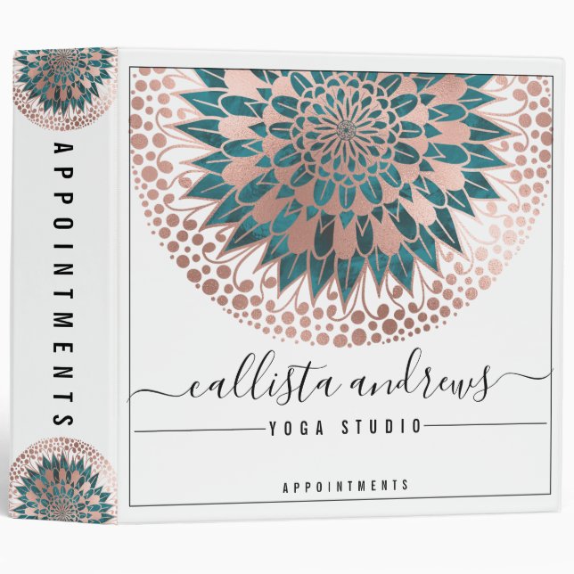 Rose Gold Teal Floral Mandala Appointment Book Binder (Front/Spine)