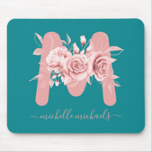 Rose Gold Teal Floral Watercolor Monogram Mouse Pad