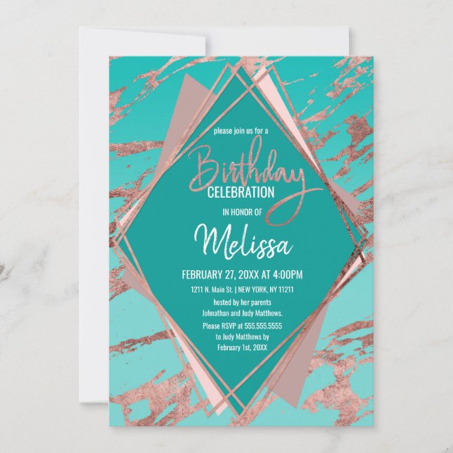 Rose Gold Teal Green Marble Diamond Birthday Invitation (Front)