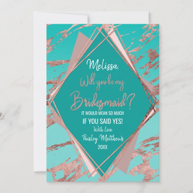 Rose Gold Teal Green Marble Diamond Bridesmaid Invitation (Front)