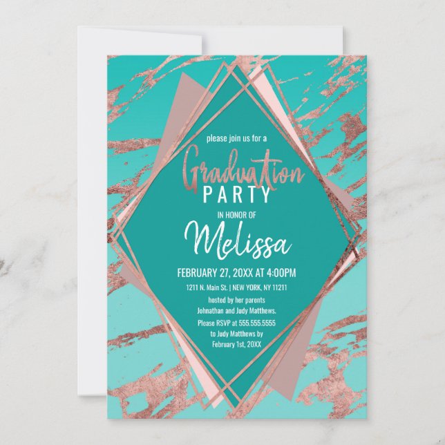 Rose Gold Teal Green Marble Diamond Graduation Invitation (Front)