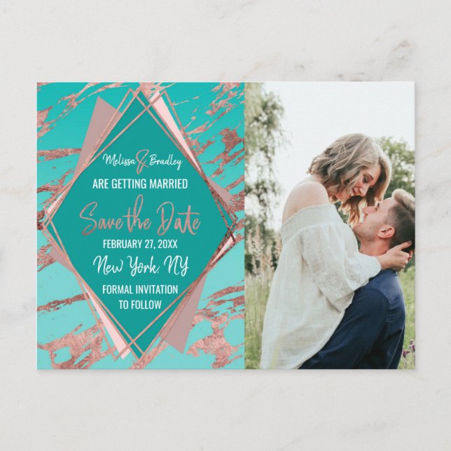 Rose Gold Teal Green Marble Diamond Save Date Announcement Postcard (Front)
