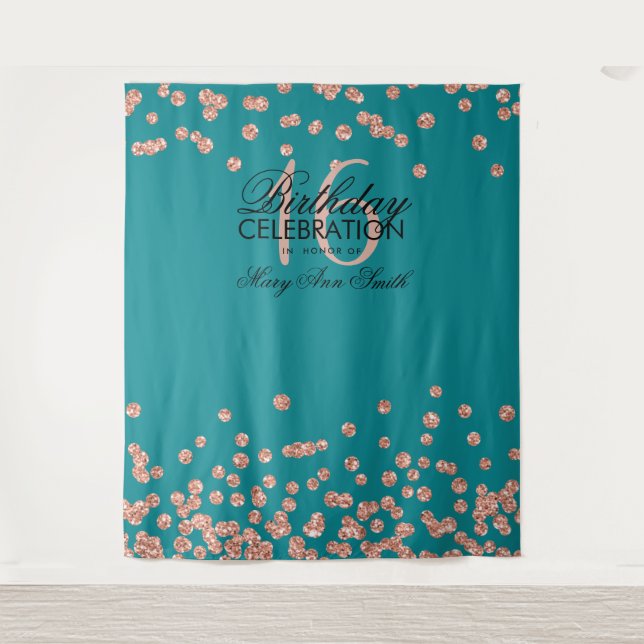 Rose Gold Teal Sweet 16 Glitter Confetti Backdrop Tapestry (Front)