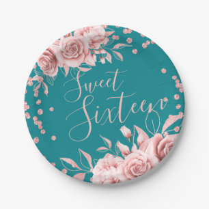 Rose Gold Teal Sweet 16 Glitter Confetti Floral Paper Plate