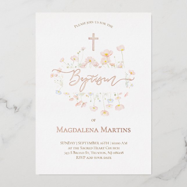 rose gold text Baptism delicate flowers (Front)