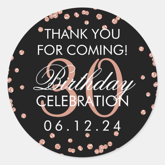 Rose Gold Thank You 30th Birthday Confetti Black Classic Round Sticker (Front)