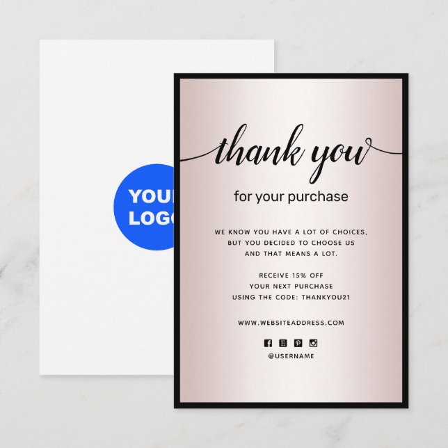 Rose Gold Thank you For your Purchase Note Card (Front/Back)