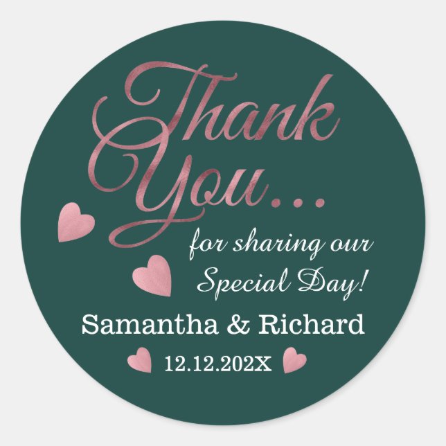 Rose Gold Thank You Wedding Favour Emerald Green   Classic Round Sticker (Front)