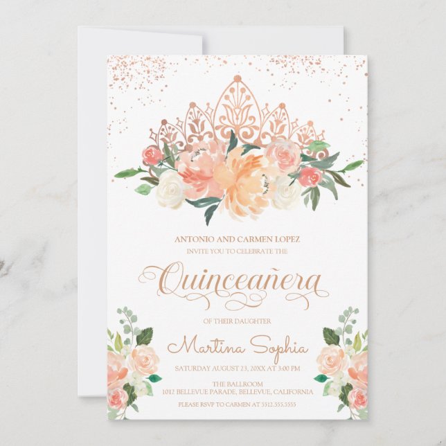 Rose Gold Tiara & Blush Pink Florals Quinceanera Invitation (Front)