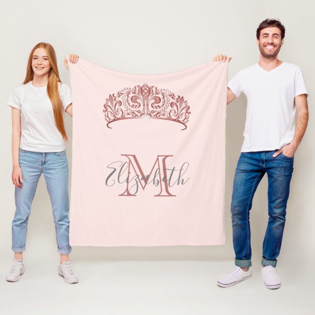 Rose gold tiara crown blush monogram name fleece blanket (In Situ)
