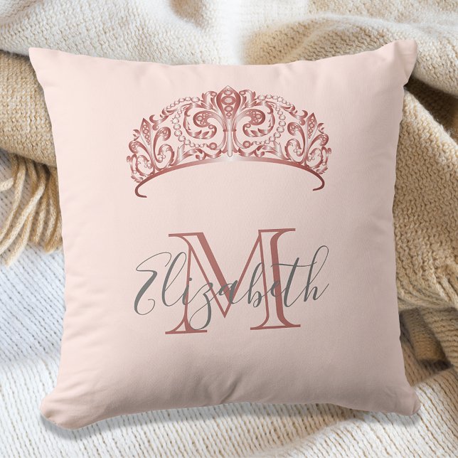 Rose gold tiara crown pink monogram name throw pillow (Creator Uploaded)