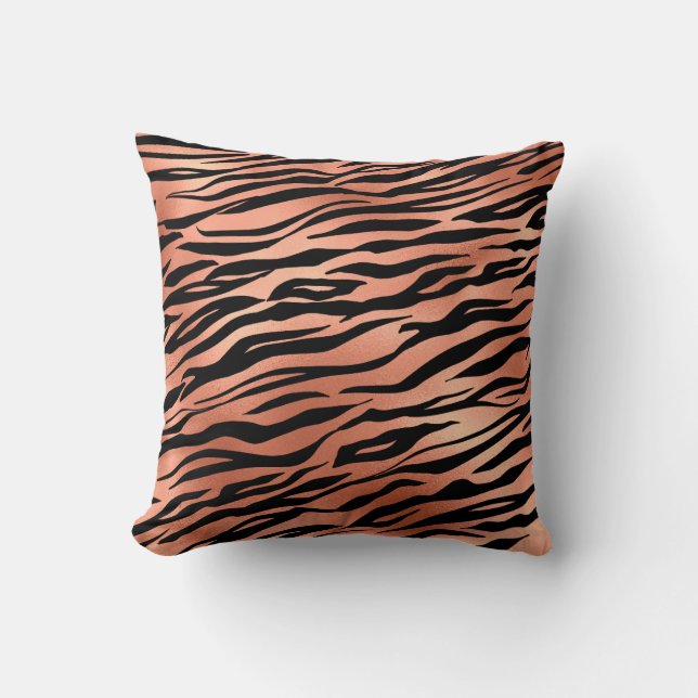 Rose Gold Tiger Zebra Stripes Fur Throw Pillow (Front)