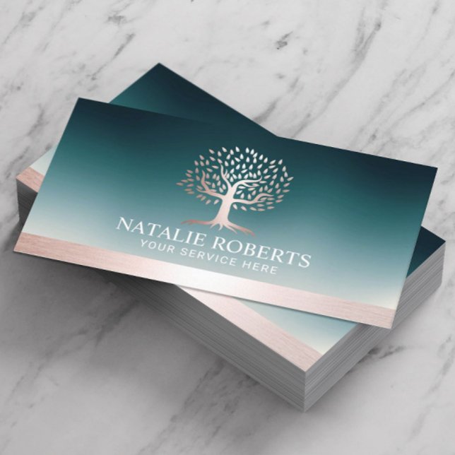 Rose Gold Tree Logo Teal Wellness Salon Spa  Business Card (Creator Uploaded)