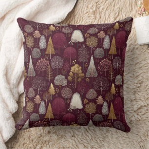 Rose Gold Trees on Burgundy Luxe Woodland Throw Pillow