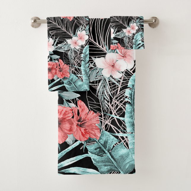 Rose Gold Tropical Botanical Island Paradise Chic Bath Towel Set (Insitu)