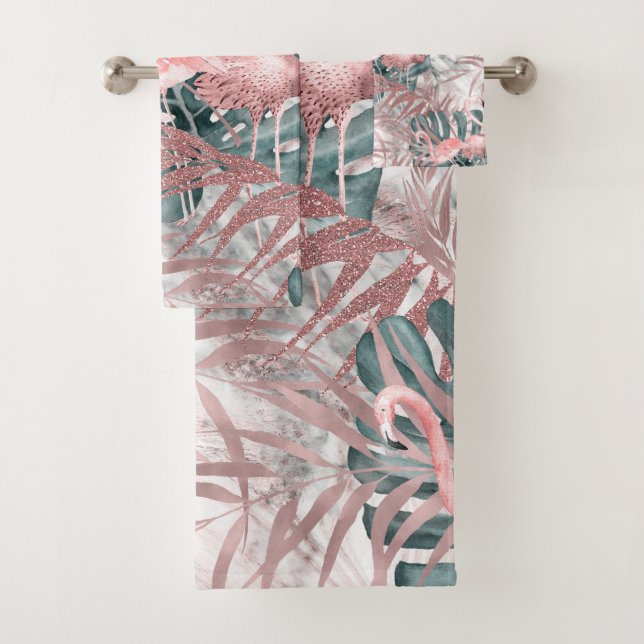 Rose Gold Tropical Flamingos Leaves & Marble Bath Towel Set (Insitu)