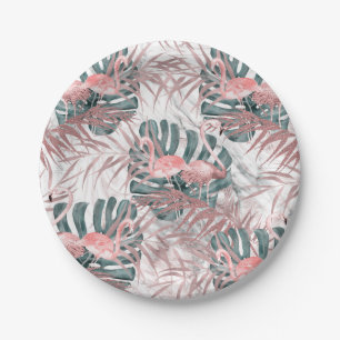 Rose Gold Tropical Flamingos Leaves & Marble Party Paper Plate