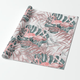 Rose Gold Tropical Flamingos Leaves & Marble Party Wrapping Paper