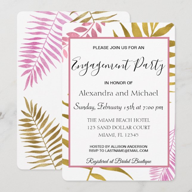 Rose Gold Tropical Floral Engagement Party Invitation (Front/Back)