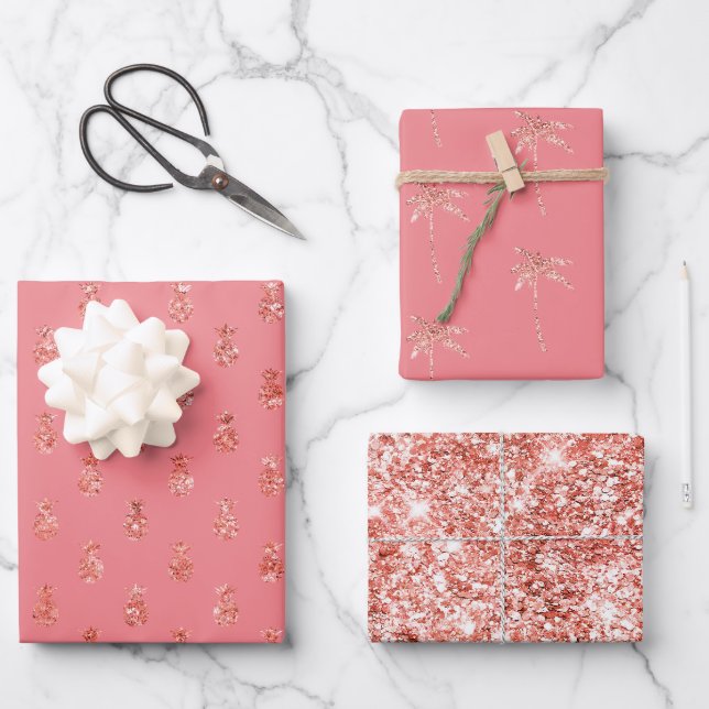Rose Gold Tropical Glitter Pineapples Wrapping Paper Sheet (Front)