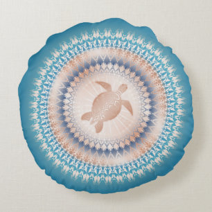 Rose Gold Turquoise Turtle Mandala Round Pillow