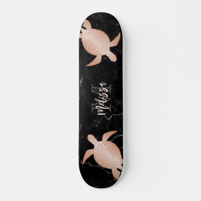 Rose Gold Turtle Black Marble Monogram Skateboard (Front)