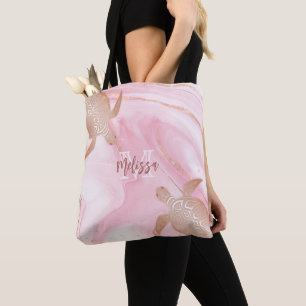 Rose Gold Turtle Blush Marble Monogram Your Name Tote Bag