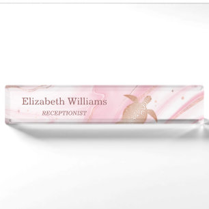 Rose Gold Turtle Pink Marble Ink Coastal Nameplate
