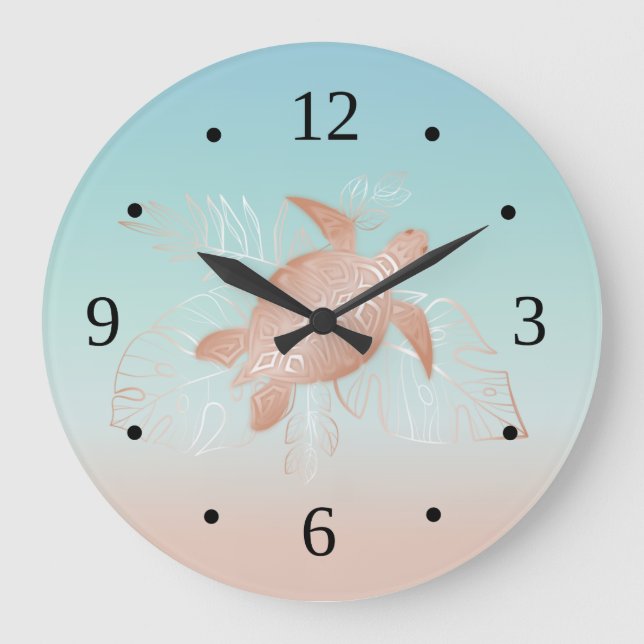 Rose Gold Turtle Tropical Leaves Coastal Numbers Large Clock (Front)