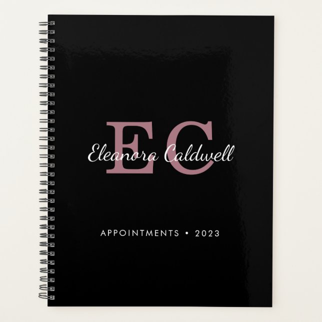 Rose Gold Two Initials Monogram on Black 2022 Planner (Front)