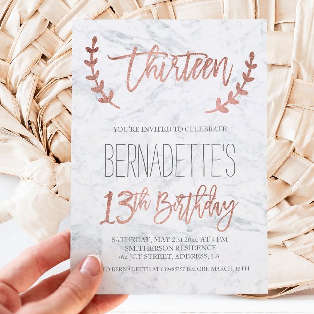 Rose gold typography feathers marble 13th Birthday Invitation (Creator Uploaded)