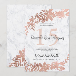Rose gold typography Floral blush pink quinceanera Invitation