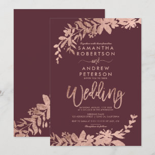 Rose Gold typography floral burgundy chic wedding Invitation
